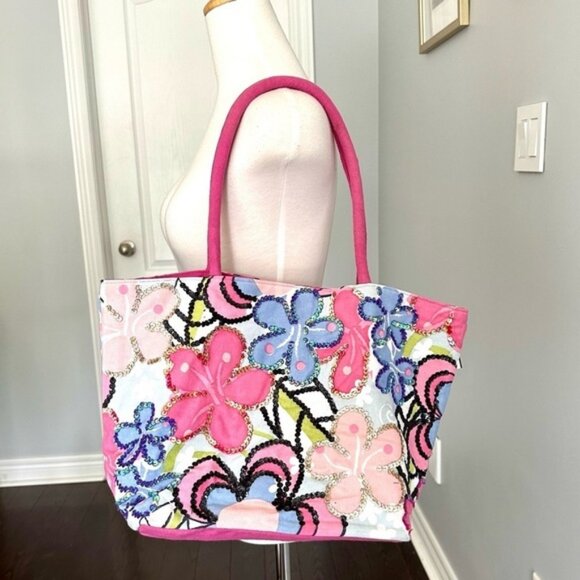Pink Floral Canvas Tote Shoulder Bag with Sequins - Picture 4 of 11